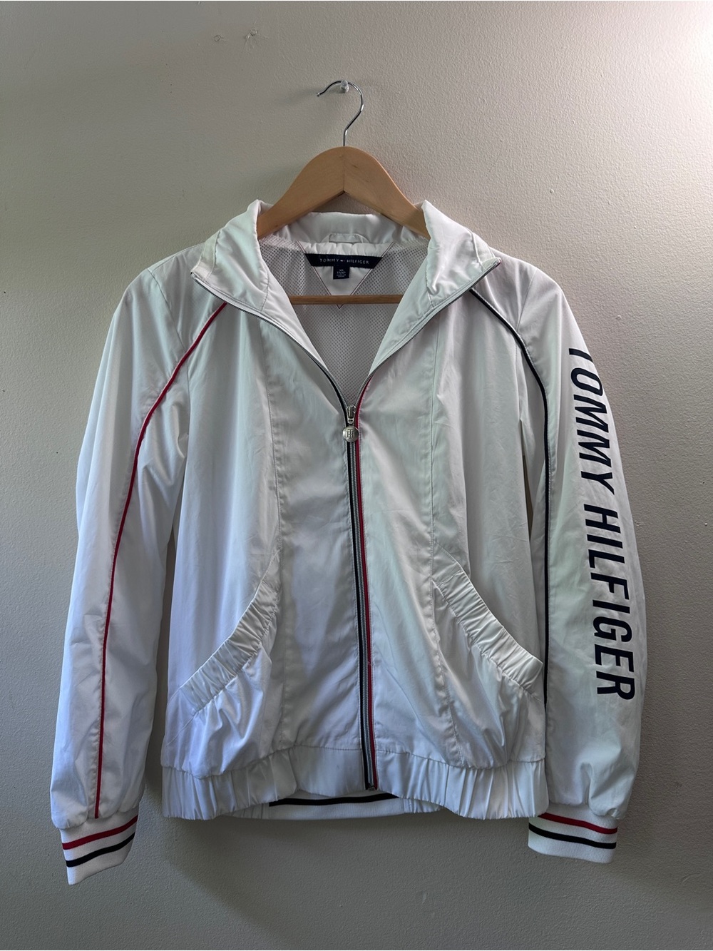 Tommy Hilfiger Womens White Windbreaker Jacket Spellout Sleeve Track Sport XS